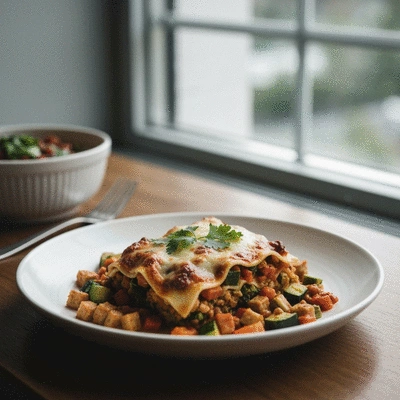 A colorful and healthy comfort food dish, such as a veggie-packed lasagna or a lean protein stew, beautifully plated, natural lighting, no text, no words, no typography, clean image