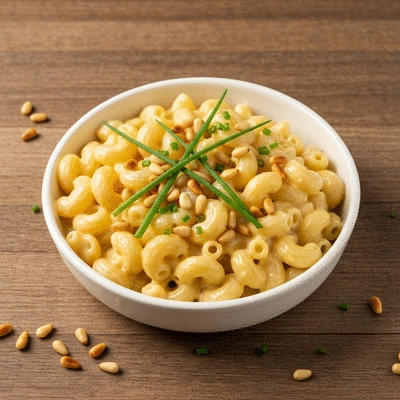 Creamy mac and cheese with a modern twist, garnished with fresh herbs, on a wooden table