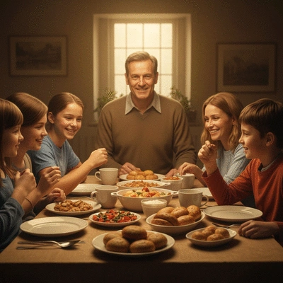 Nostalgic image of a family gathering around a table with traditional comfort food