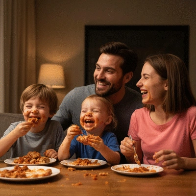 Family enjoying a messy comfort food meal together, laughing and sharing, no text, no words, no typography, 8K