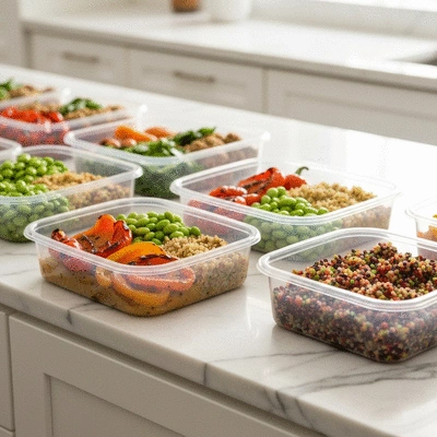 Various plant-based meal prep containers arranged neatly
