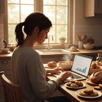 Person analyzing food data on a laptop with comfort foods in the background