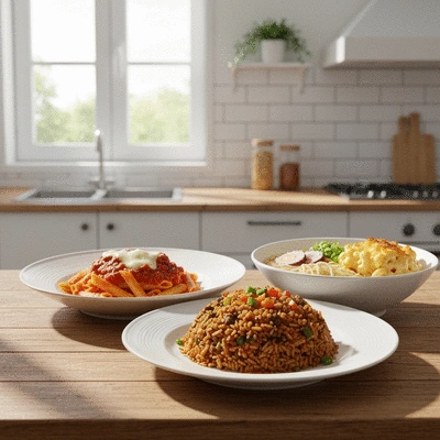 Assortment of global comfort food dishes like pasta, ramen, jollof rice, and mac and cheese