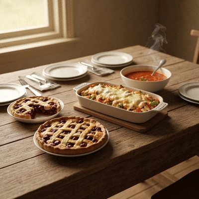 A rustic wooden table laden with various comfort foods, including a pie, a casserole dish, and a bowl of soup, in a warm and inviting setting, no text, no words, no typography, 8K, clean image