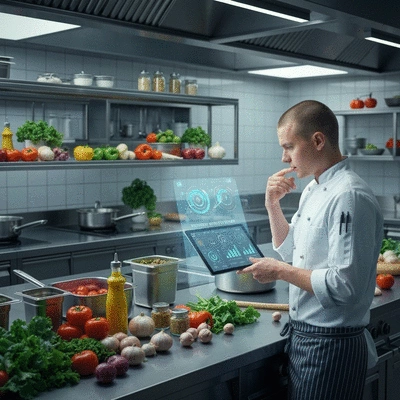 Chef looking at a tablet with data visualizations, surrounded by fresh ingredients