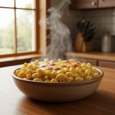 A warm and hearty bowl of classic mac and cheese, steam rising, in a cozy home setting, no text, no words, no typography, 8K, clean image