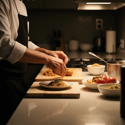 Person cooking a regional comfort food dish in a modern kitchen