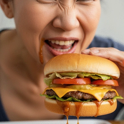 Person happily eating a sloppy burger with sauce dripping, showing enjoyment and indulgence, no text, no words, no typography, 8K