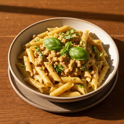 Creamy plant-based pasta dish with fresh herbs