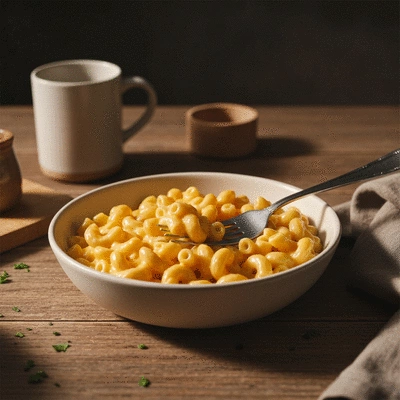 Gooey mac and cheese with a spoon, close up, warm lighting
