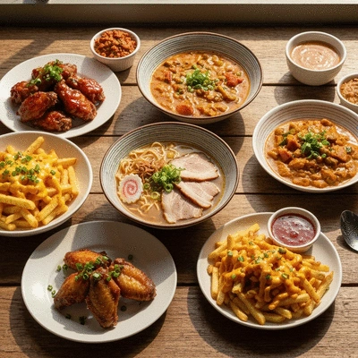Diverse array of global comfort food dishes arranged aesthetically on a rustic wooden table