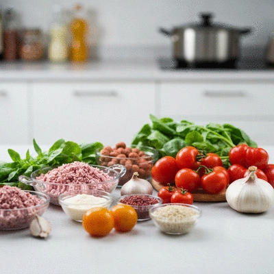 Assortment of fresh, colorful cooking ingredients for modern comfort food, artfully arranged on a kitchen counter