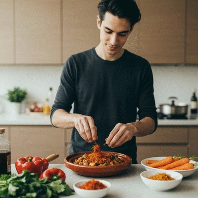 Person cooking a global comfort food dish in a modern kitchen setting, focus on fresh ingredients