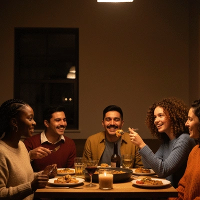 A diverse group of friends sharing a meal, laughing and enjoying comfort food together, warm lighting, cozy atmosphere, no text, no words, no typography, clean image